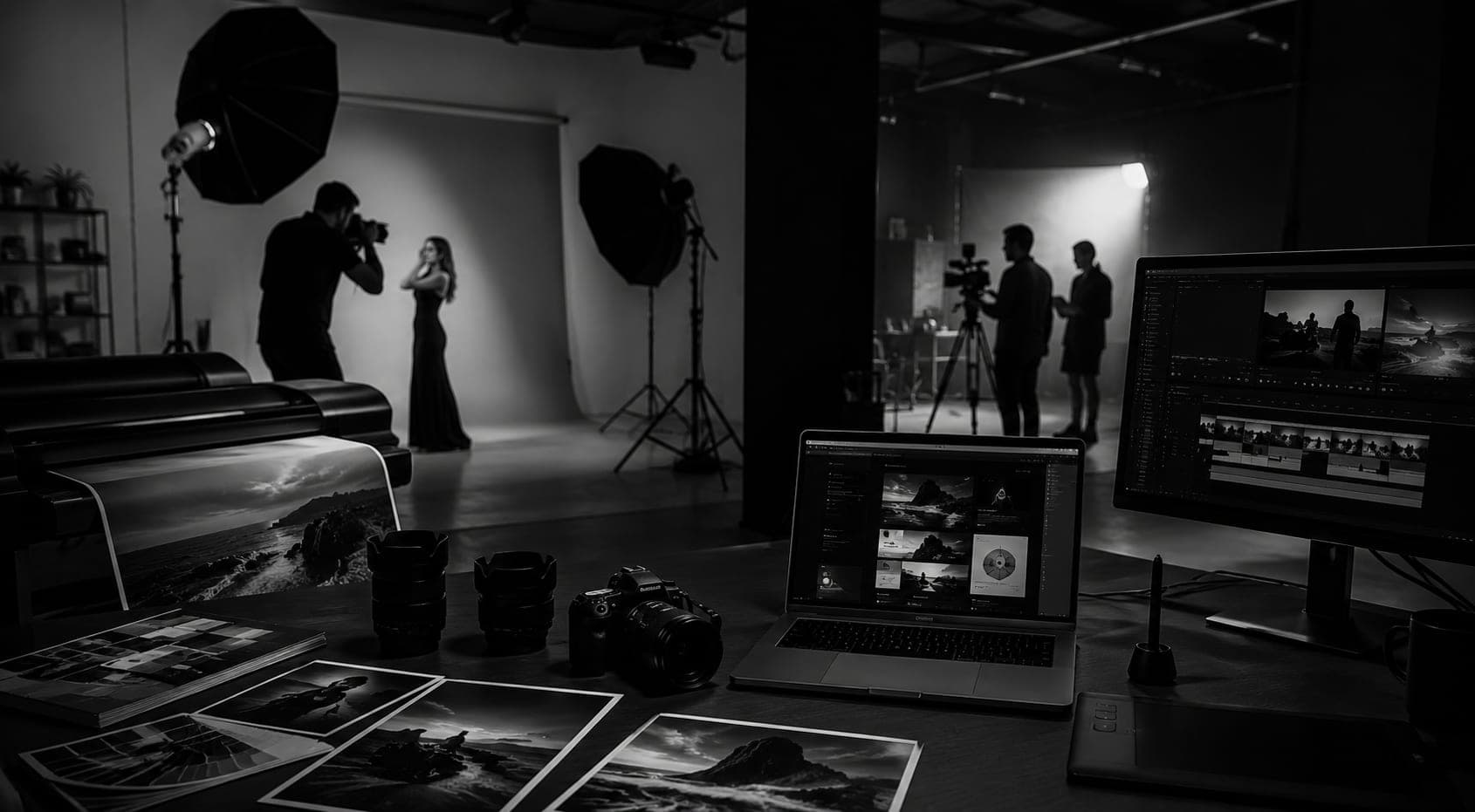 Black Pearl Studio's team shooting a portrait session, editing video, and reviewing prints in the studio