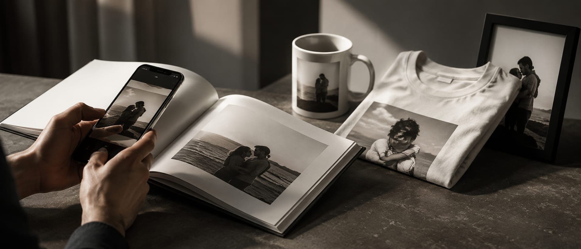 Placeholder — a printed live photo book open on a table with a phone held above a page