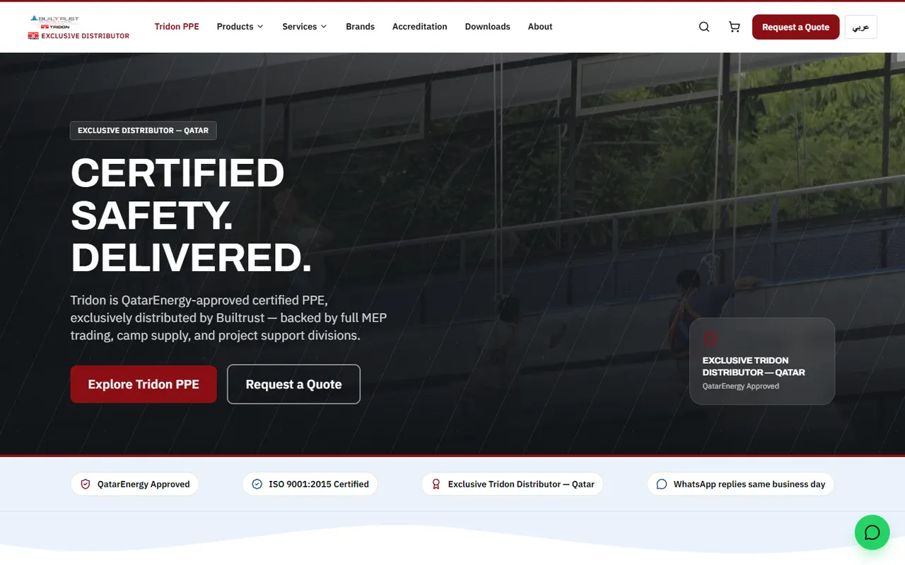 Builtrust website: "Certified Safety. Delivered." — Tridon certified PPE catalogue by protection category